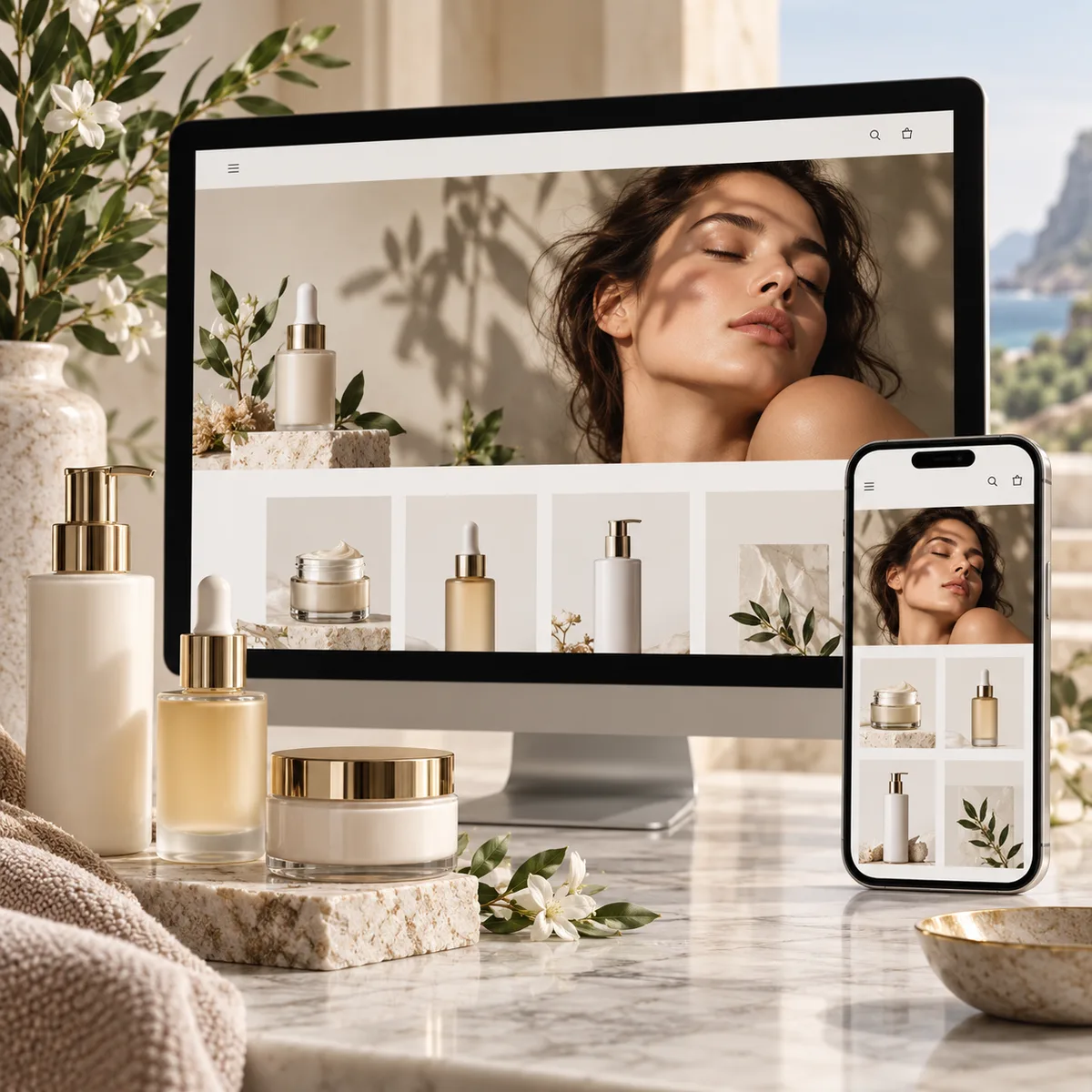 Concept of a premium skincare storefront on desktop and mobile