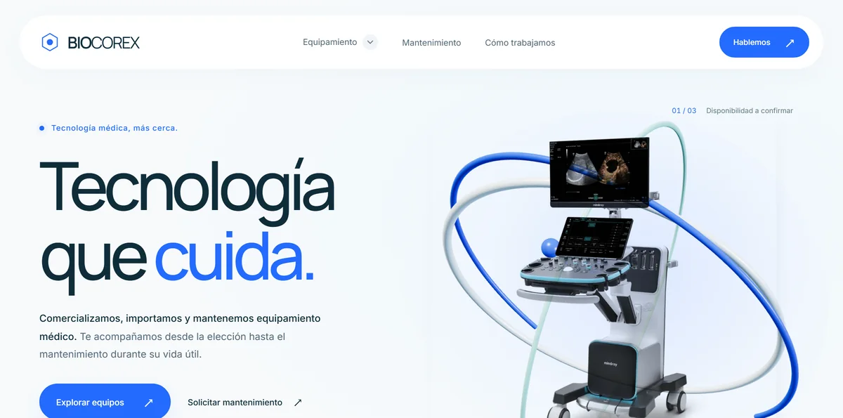 Sitio de Biocorex con el catálogo de equipamiento médico