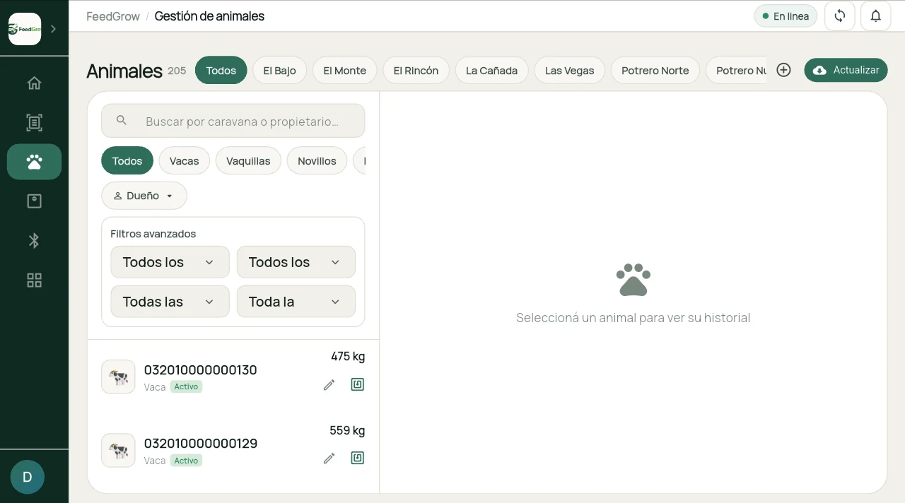 Gestión de animales en la app Android de FeedGrow