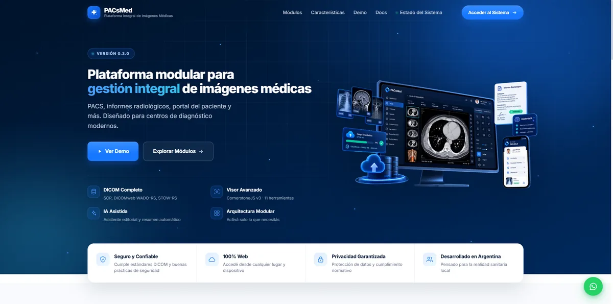 PACsMed landing page showing the study viewer, radiology report and patient portal