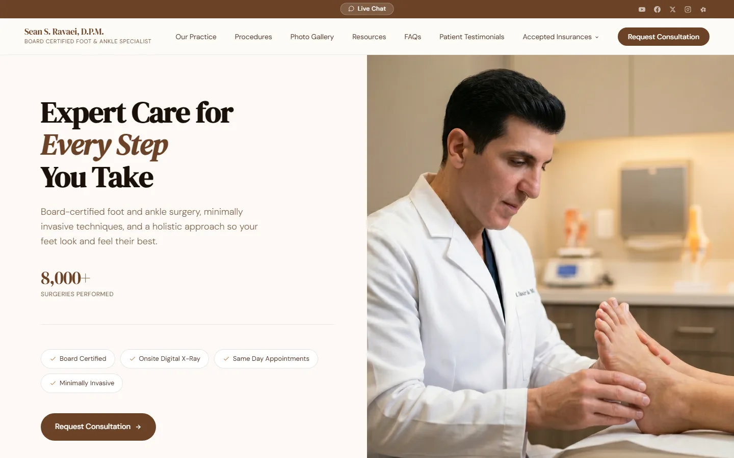 Dr. Sean Ravaei's redesigned homepage: a warm cream layout, the headline Expert Care for Every Step You Take and a consultation button.