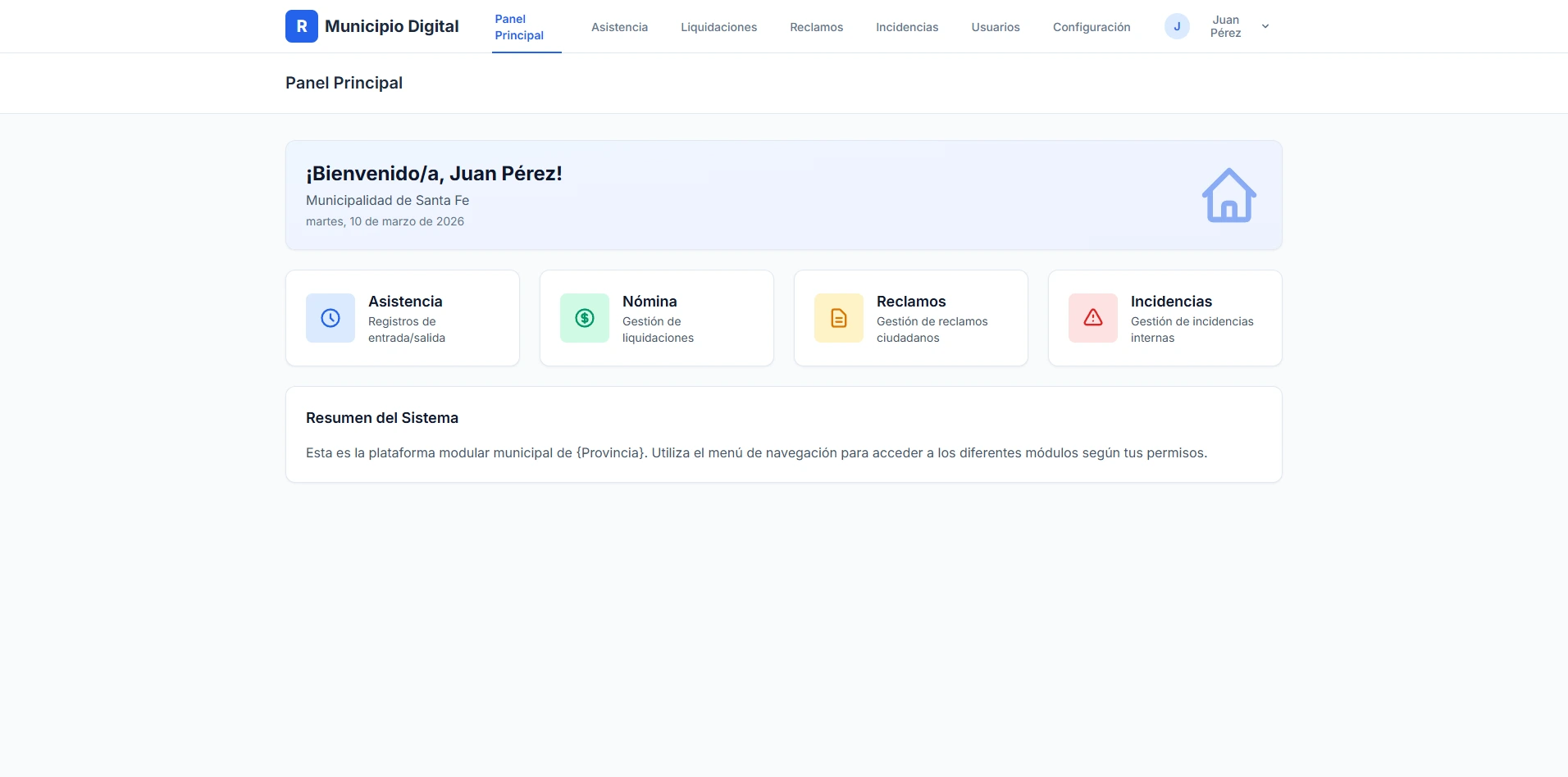 Panel de una plataforma de gestión municipal